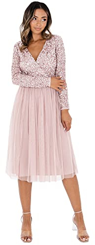Maya Deluxe Women's Maya Faux Warp Front Embellished Midi Bridesmaid Dress, Frosted Pink,44
