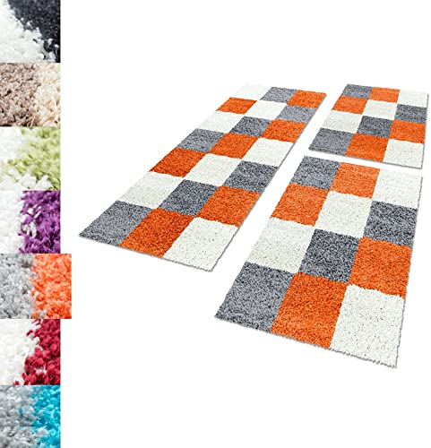 Carpettex Bettumrandung Schlafzimmer 3teilig Shaggy Teppich Hochflor Karo Muster Terra Bettset:2 mal 60x110 + 1 mal 80x150 - Bettvorleger Schlafzimmer Läuferset Weicher Langflor Bettumrandung Teppich