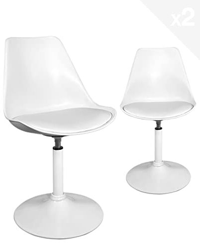 KAYELLES Chaise pivotante rotative Design rétro Vintage, siège Plastique Souple, Coussin Simili Cuir intégré, Base métal avec Silicone Anti dérapant NOSA – Lot de 2 (Blanc)