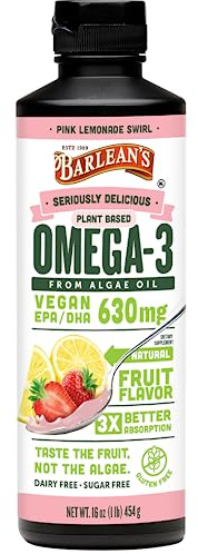 Barlean's Pink Lemonade Vegan Omega 3 Supplement, Liquid Algae Oil with 630 mg EPA & DHA, Plant Based Omegas from Algal Oil, Non-GMO & Gluten Free, 16 oz