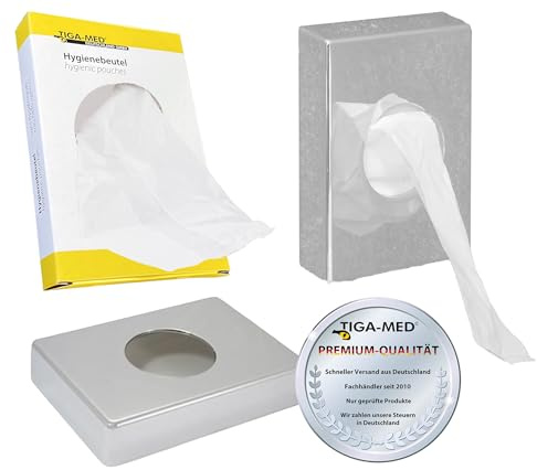 TIGA-MED Hygienebeutel Set inkl. chromfarbenem Wandhalter | Geruchs- & Flüssigkeitsdicht | Diskrete Entsorgung von Damenbinden & Tampons | Hygienische WC-Lösung (Spender + 50 Boxen (1500 Beutel))