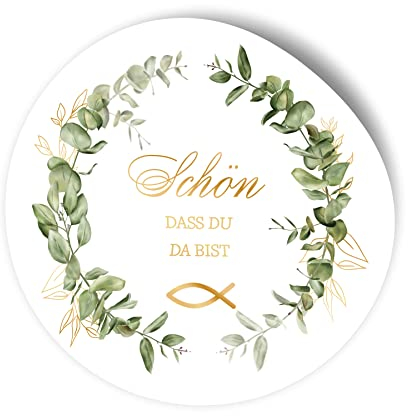 itenga 24x Sticker Aufkleber Schön dass du da bist Eukalyptus und FISCH I je 4.0 cm I rund, selbstklebend I ideal zum Basteln von Gastgeschenken für Konfirmation Kommunion Taufe