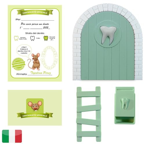 Myfuturshop® Puerta infantil para dejar dientes de leche al Topolino. Regalo Original para niño y niña. Caja para los dientes + Escalera + 4 certificados de Diente Limpio. VERSION ITALIANA. VERDE