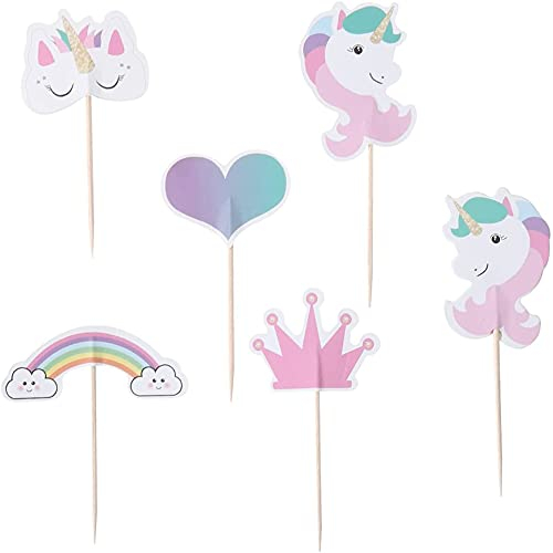 Cake Toppers, Unicorn Cup Cake Toppers 24 Pieces Rainbow Heart Crown Cake Cupcake Topper for Children Party Birthday Party Cake Decoration