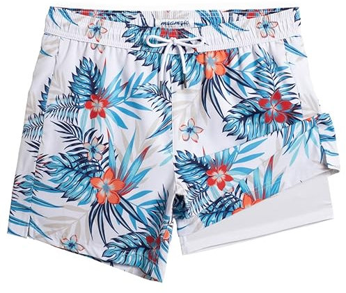 MaaMgic Herren Badehose mit Kompression Badeshorts 2 in 1 | 5.5 Schnelltrocknend lässige Swim Shorts Kurz Boardshorts mit Innenhose Reißverschlusstasche,02 Blau Blatt Rot Blumen 5.5,L
