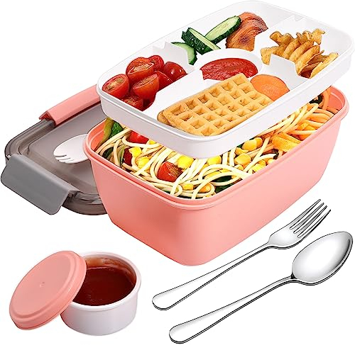 EOGRFW Salatbehälter mit 2-stufige und Saucenbox,2000ML Auslaufsicher Salatbox-to-go,BPA Frei Salatschüssel mit Löffel Gabel,Große Brotzeitbox für Schule Arbeit Picknick Reisen Camping