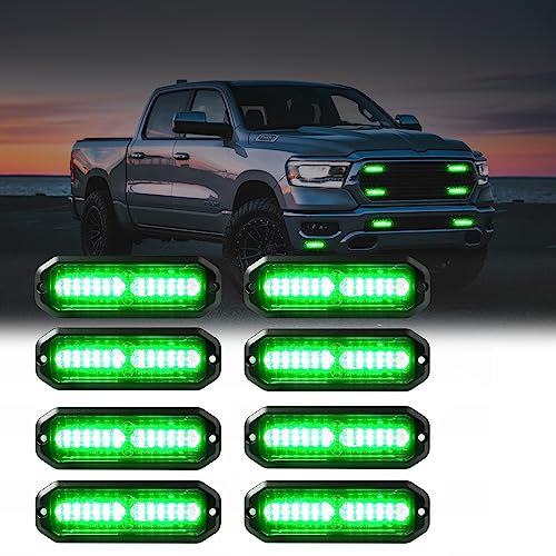 WINECO Green 8pcs Ultra Slim LED Emergency Strobe Police Lights, Surface Mount Grill Grille Hazard Safty Warning Flashing Light for Volunteer Trucks Vehicles