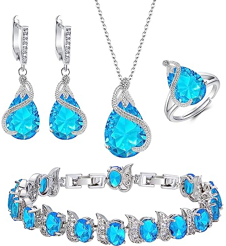 EVER FAITH 4 Stück Tropfen Cubic Zirconia Schmuck Set Glamour Anhänger Halskette Ohrringe Tennis Armband und Offener Ring für Damen Hochzeit Party Himmelblau Silber-Ton