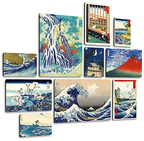 Giallobus - Satz von 10 mehrteiligen Gemälden - Hokusai Hiroshige - MDF-Holz - | 2 x 42x29,7cm | 4 x 29,7x21cm | 4 x 21x14,85cm | - Fertig zum Aufhängen – Gemälde für zu Hause