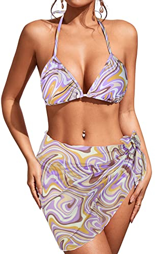 PONCEAU Damen 3-teilig Badeanzug Sexy Bikini Set Rope Tanga Triangel Bikini Bikinioberteil Strandmode Neckholder Badeanzug mit Sarong
