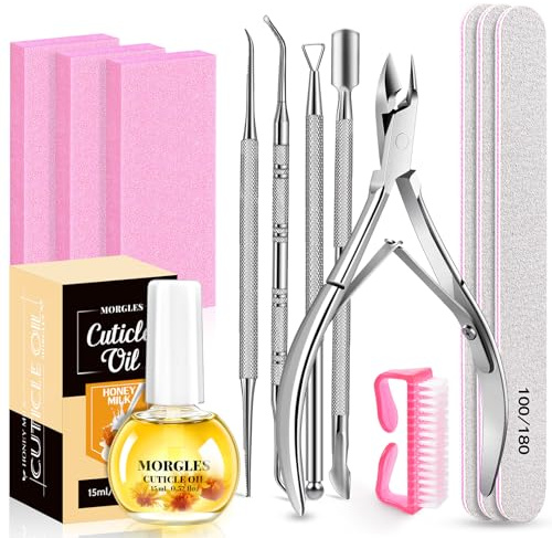 MORGLES Nail File and Buffer Blocks with Nail Care Kit, 13 Pcs Manicure Kit for Women with Milk and Honey Cuticle Oil and Cuticle Trimmer Set
