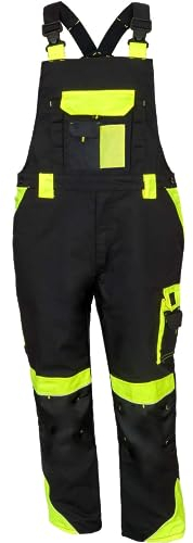 Luckyberg Herren Latzhose, Arbeitshose viel funktionale Taschen. Arbeitslatzhose Herren Größe: 44-62 (DE/NL/SE/PL, Numerisch, 50, Regular, Regular, Standard, Schwarz gelb)
