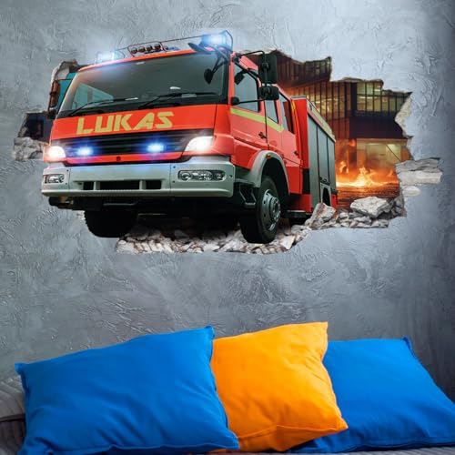 tjapalo® vz64 tjapalo® 3D Wandtattoo mit Namen Wandtattoo Feuerwehr Auto Wandaufkleber Wandtattoo Kinderzimmer junge Wandsticker Feuerwehr Kinder Deko Wandbild, Größen Name: B90xH47cm