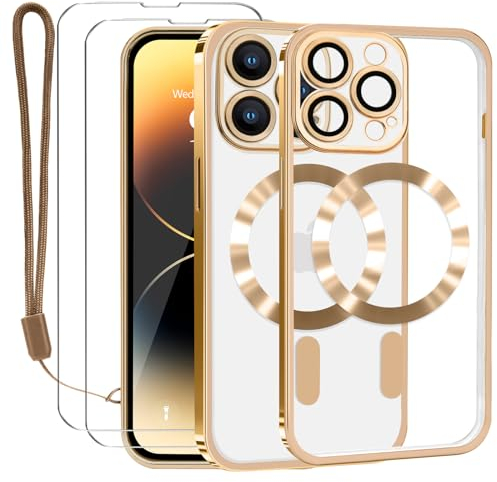 Lafunda Coque pour iPhone 14 Pro Max avec 2×Verre Trempé et Caméra Protecteur, Coque avec MagSafe Magnétique pour iPhone 14 Pro Max Film Protection D'écran Transparente Coque Aimantée Or