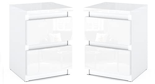 MRBLS Nachttisch 2er Set Nachtschrank Nachtkommode Modern Möbel mit Schubladen Kommode Holz Schubladenschrank für Ihr Schlafzimmer (Weiß Matt - Weiß Glanz) – 30 x 43 x 32,5 cm (B/H/T)