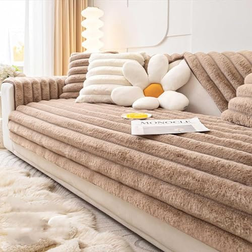 LUIVZD Furniture Cover Rabbit Plush Sofa Cushion, Thick Non Slip Leather Sofa Cover, Soft Couch Cover for 3 Cushion Cover Comfortable Furniture Protector (Color : Dark Coffee, Size : 11.8 * 19.7IN)