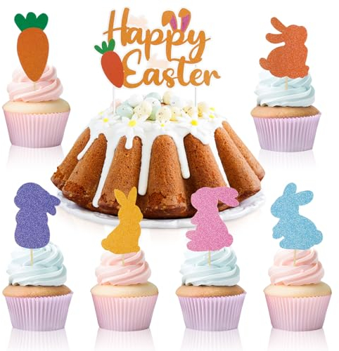 BETESSIN 13pcs Ostern Cake Topper Tortendeko Glitzer Hasen Cupcake Topper Happy Easter Kuchen Deko Osterhase Tortenaufsatz für Kinder Geburtstag Gartenparty