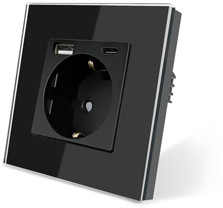 TAWOIA Schuko Steckdose mit USB Type C (MAX 20W) Schnelllade Schnittstelle,EU-Standard 1 Fach Steckdosen mit Kristall Glas Platte Wandsteckdosen Schwarz 86 * 86mm