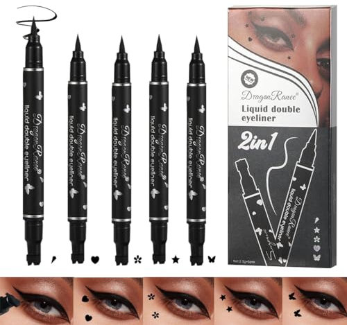Baorder 5-Teiliges Doppelköpfig Flüssiges Eyeliner Stempel Stift Makeup Set,Wischfest Lazy Langlebiges Eye Liner Schablonen Augen Tattoo Tool,Wasserdicht Lang anhaltend Schwarzer Eyeliner Bleistift