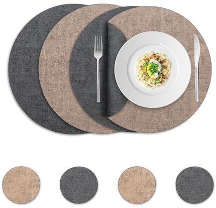 fanquare Set de 4 Sets de Table en Cuir PU lavables, Dessous de Verre Double Face 34cm, imperméable, antidérapant, Set de Table Circulaire en Noir et Beige