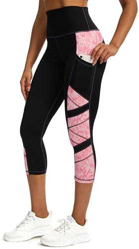 Tuspryt Pantalon de sport 3/4 pour femme - Avec poches - Opaque - Pantalon de fitness - Pantalon de course pour femme, Imprimé noir/rose, XL