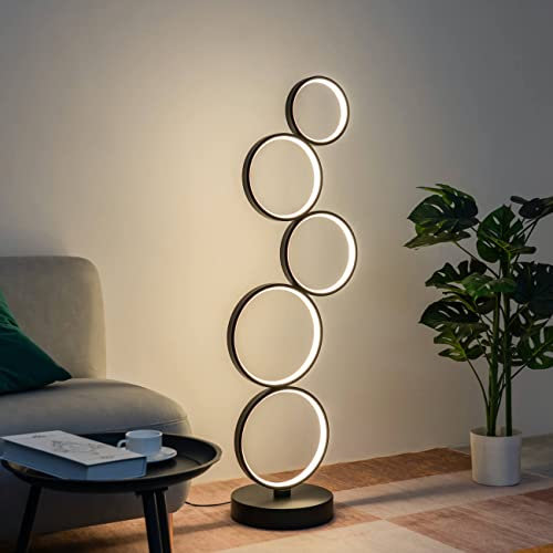 KOSILUM – Stehleuchte LED Kreise übereinander aus schwarzem Metall – Newton – Licht warmweiß Beleuchtung Wohnzimmer Schlafzimmer Küche Flur – 65 W – 1680 lm – integrierte LED – IP20