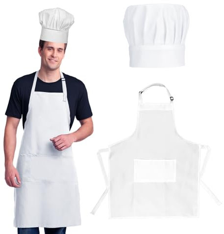 Kochmütze Schürze Set Erwachsene Kochmütze und Schürze Verstellbare Weiß Kochmütze Wasserdicht Ölbeständig Backschürze mit 2 Taschen Koch Kostüm für Hause Küche Restaurant Hotel