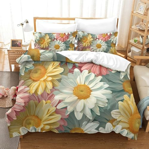 RWOODSRTR Daisy 3D Gedruckt Bettwäsche-Set 3 Teilig Bettbezug-Sets Mit Kissenbezug Soft Microfaser Luxus Modern Mit Reißverschluss Für Erwachsene Und Kinder Super King(260x220cm)