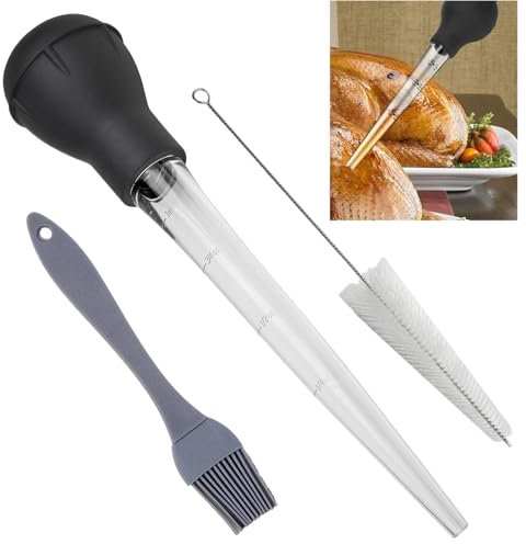 3 Pcs Turkey Baster, Baster for Cooking, Turkey Baster Large, Turkey Bacon, Oil Brush for Cooking, Meat Injector for Aquarium Baster with Cleaning Brush for Cooking BBQ Grill Baking