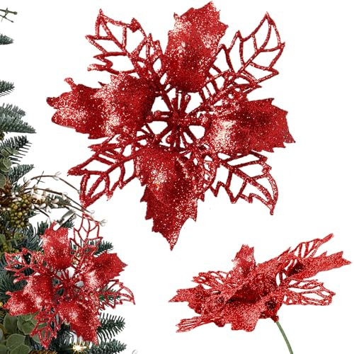 Dwafill Flores para Arbol de Navidad, 15 Piezas 14 * 14CM Flores Rojas Arbol Navidad, Se Puede Colgar, Sujetar o Pegar (Rojo)