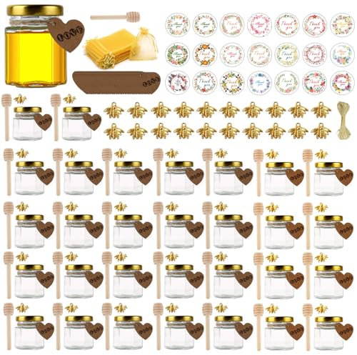 KIMIGO 30 pièces de Pots à Miel Verre,Mini Pots À Miel En Verre Hexagonaux de 45 ml avec couvercle à vis,pot miel en verre hexagonal,couvercles dorés,pendentifs abeilles,sacs en gaze