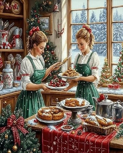 ANSIWEIGO Kit de peinture par numéro sur le thème de Noël,Les femmes préparent des délices de Noël,Peignez à la main votre propre scène de vacances confortable(40x50cm,Sans Cadre)
