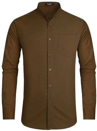 HISDERN Mens Shirts Long Sleeve Casual Business Collarless Shirts for Men Brown Regular Fit Mens Grandad Collar Shirt Button Down 3XL