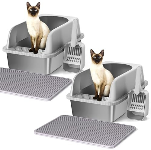 Vailge Katzentoilette Edelstahl, Große 20L Hochseitige Katzentoilette mit Streuschaufel & Matte, Metall Katzentoilette für mittelgroße Katzen, 51x36x30cm, 2 Stück