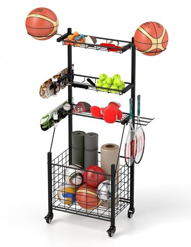 yeshine 4-tier Ball Storage Rack Football Stand with Wheels Ball Display Holder Sports equipment Organizer with Basket Hooks for Basketball Football Volleyball Indoor Outdoor