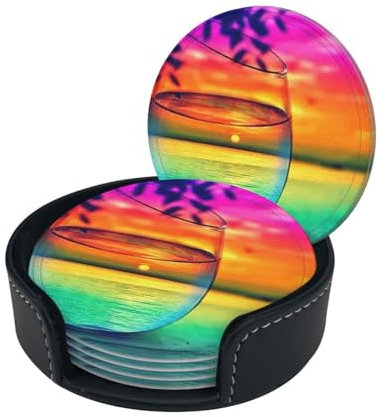 Farbenfrohes Glasuntersetzer mit Sonnenuntergang, vollständig bedruckt, hitzebeständig und kollisionssicher, runder Untersetzer aus Mikrofaser-PU-Leder, 6-teiliges Set