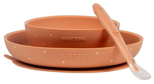 Nattou Vaisselle en Silicone pour Enfants, Set Repas 3 Pièces, 1 Cuillère, 1 Assiette, 1 Bol, Antidérapants, sans BPA, Vegan, Silicone, Motif Terracotta