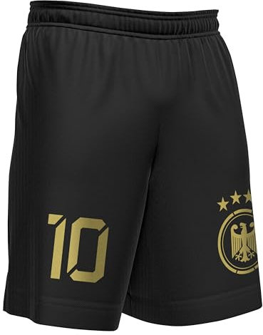 ZUMEL Deutschland Fußballshorts für Kinder – personalisiert mit deiner Nummer – Schwarze Hose mit goldenem Aufdruck für Jungen und Mädchen