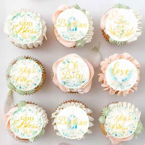 Gyufise 48Pcs Edible Baptism Cupcake Toppers Wafer Paper God Bless Cross Cupcake Picks First Holy Communion Christening Confirmation Religious Cupcake Picks for Baptism Party Decorations Green