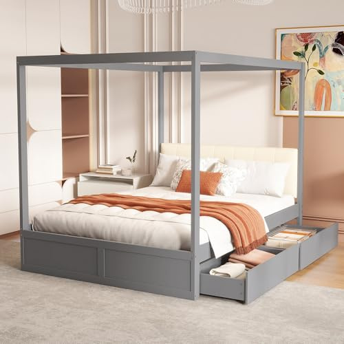 Oxtao Himmelbett 140 * 200cm, Doppelbett mit großen Schubladen und weicher Rückenlehne, Holz Bett weiß, ohne Matratze (Grau)