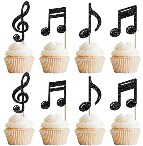 SYKYCTCY 24 Pack Music Notes Cupcake Toppers Black Glitter Musical Symbol Cupcake Picks for Rock Music Concert Theme Baby Shower Wedding Birthday Party Cake Decorations Supplies