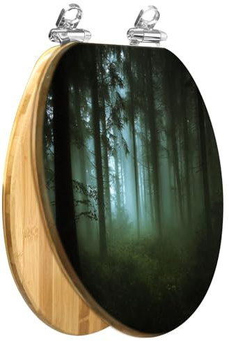 Elongated Wooden Toilet Seat Forest Green Misty with Slow Quiet Close Quick-Release Hinges Lid Bumpers Easy Clean Install