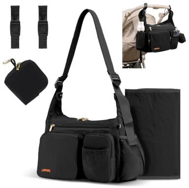 LAIMEIWEE Puffy Wickeltasche 13L Kinderwagen-Organizer Schwarz | Leichte Multifunktionale Buggy Tasche, Wickelunterlage/Schnullertasche/D-Ringe & Gurte für Kinderwagen, Spritzwassergeschützt