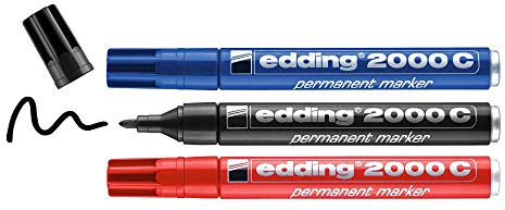 edding 2000 C permanent marker - black, red, blue - 3 marker pens - round tip 1.5-3 mm - quick-drying permanent markers - waterproof, smudge-proof - for cardboard, plastic, wood, metal, fabric