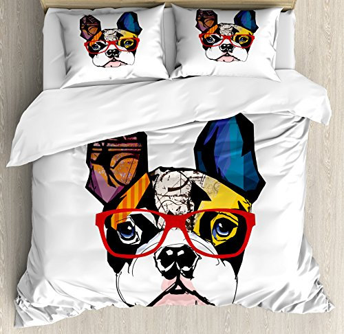 Lunarable Art Bettbezug-Set, Französische Bulldogge Porträt mit Hipster-Brille, abstrakt, modern, Bunte Ohren und Augen, dekoratives 3-teiliges Bettwäsche-Set mit 2 Kissenbezügen, King-Size, gelber