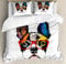 Lunarable Art Bettbezug-Set, Französische Bulldogge Porträt mit Hipster-Brille, abstrakt, modern, Bunte Ohren und Augen, dekoratives 3-teiliges Bettwäsche-Set mit 2 Kissenbezügen, King-Size, gelber