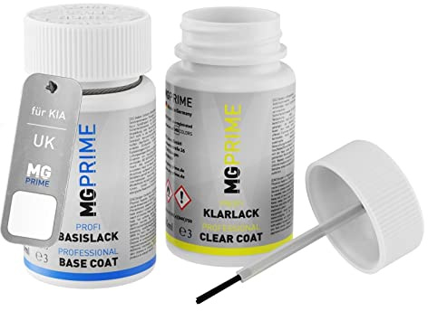MG PRIME Autolack Lackstift für KIA UK Clear White/Schneeweiss + Klarlack | Set aus Basislack + Klarlack, Lackfläschchen mit Pinsel, je 50ml