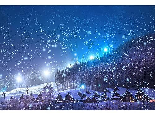 YongFoto 1,5x1m Foto Hintergrund Weihnachten Dorf Nachtansicht Bäume, die glänzende Lichter Blauer Himmel schneien Winter Weihnachten Fotografie Hintergrund Photo Portrait Party Kinder Fotostudio