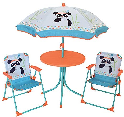 FUN HOUSE 713095 INDIAN PANDA Salon de Jardin avec 1 Table, 2 Chaises pliantes et 1 Parasol pour Enfant
