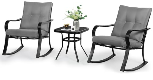 SOLAURA 3-teiliges Bistro-Set für den Außenbereich, Schaukelstühle, schwarzes Eisen, Terrassenmöbel mit grauem, verdicktem Kissen und Couchtisch mit Glasplatte